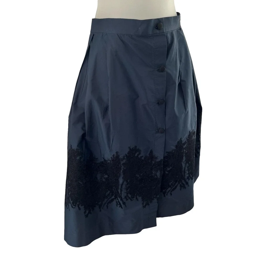 Sara Roka Skirt Womens 42 Navy Black‎ Enny Embroidered Midi Made Italy Pockets